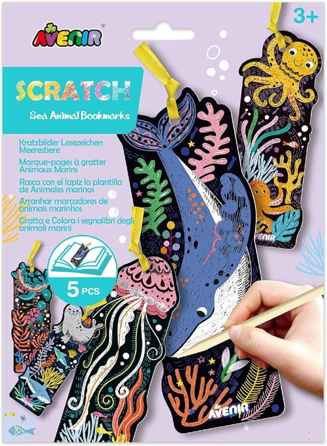 Avenir Scratch Art Bookmarks - Sea Animals Theme, Create 5 Bookmarks by Scratching The Paper and Revealing The Designs and Colours, for Ages 3-12 Years